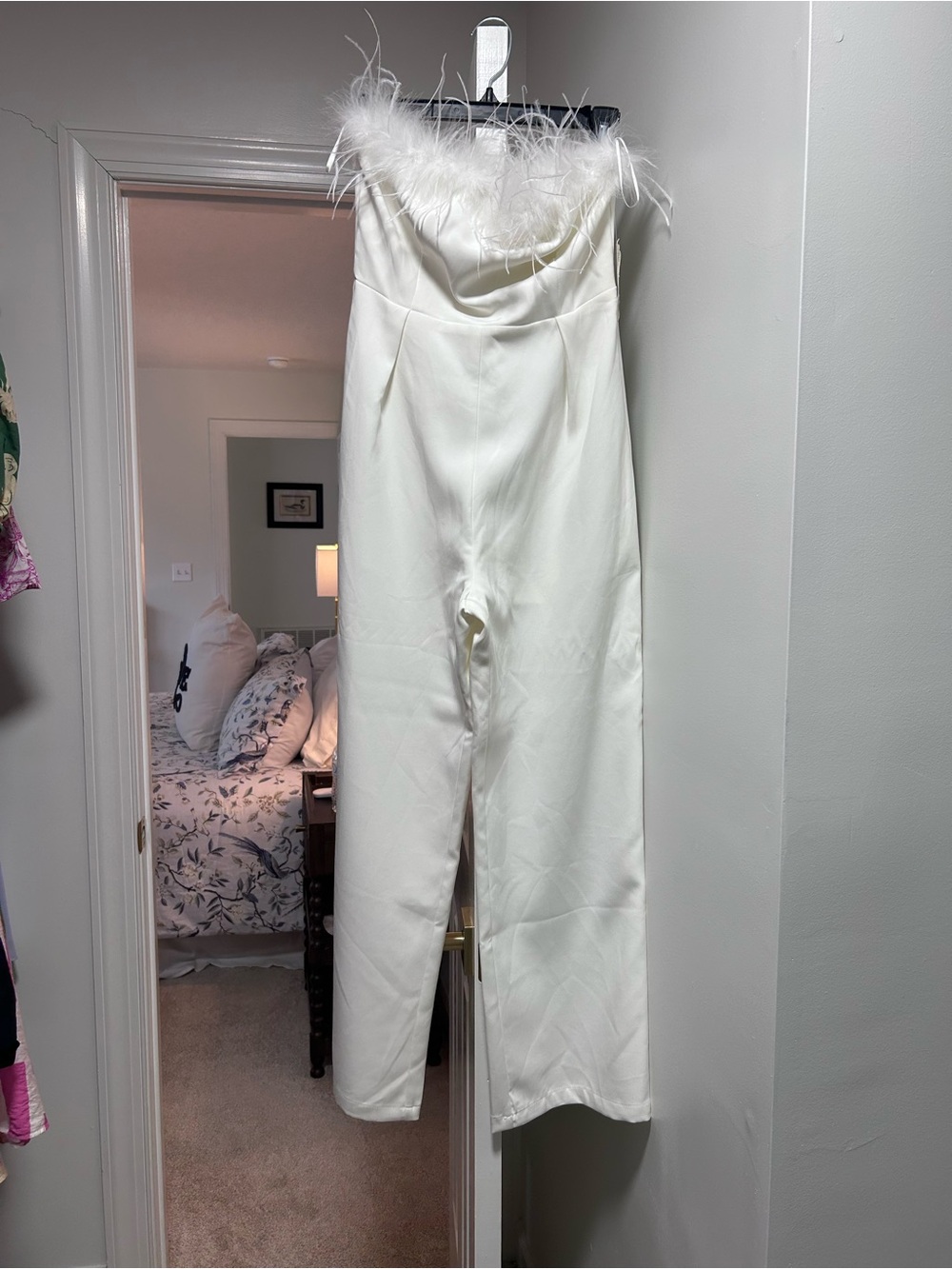 Altar'd State White Feather-Trim Strapless Jumpsuit